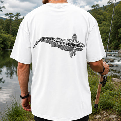 Black and White Trout Line Art Fishing Graphic T-Shirt | Back Print
