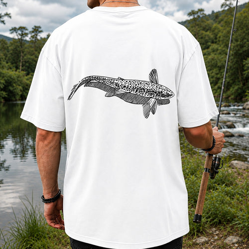 Black and White Trout Line Art Fishing Graphic T-Shirt | Back Print