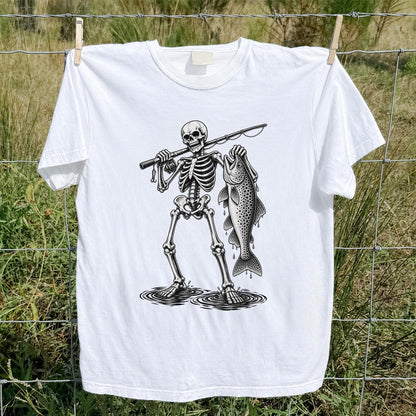 Skeleton Angler Holding a Trout Fishing Graphic T-Shirt
