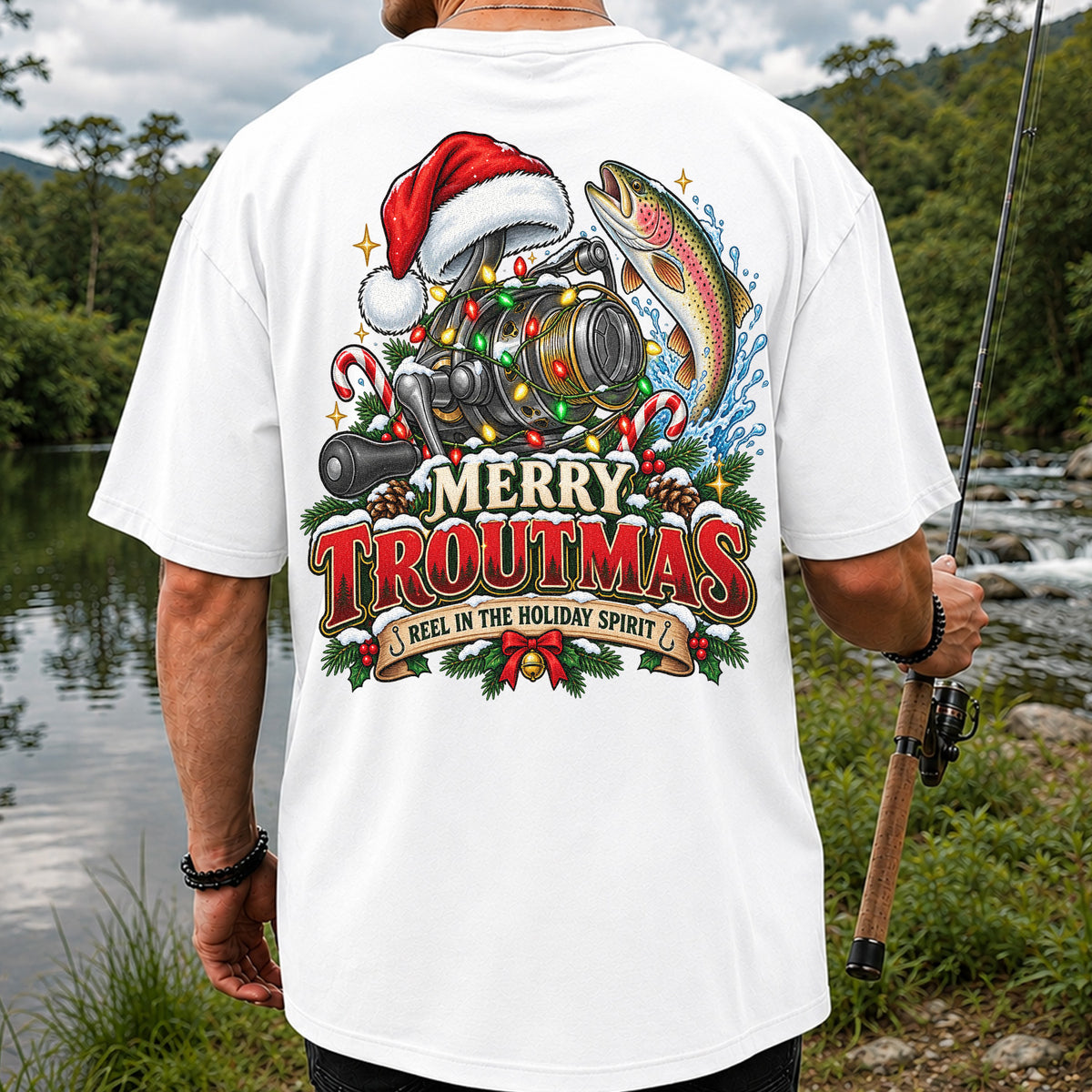 Merry Troutmas Reel in the Holiday Spirit Rainbow Trout and Fishing Reel T-Shirt | Back Print