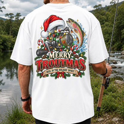 Merry Troutmas Reel in the Holiday Spirit Rainbow Trout and Fishing Reel T-Shirt | Back Print