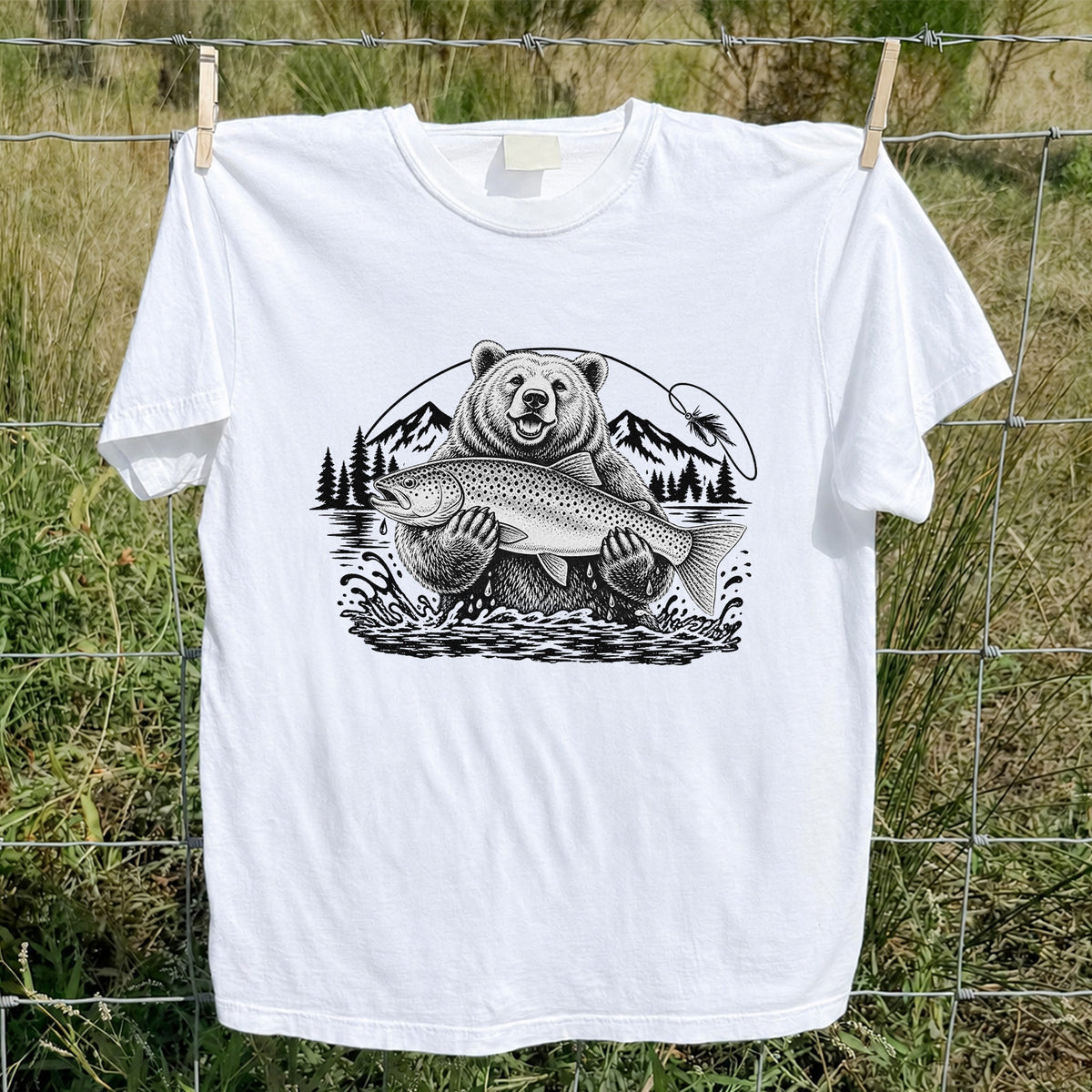 Bear Holding Trout in Mountain Lake Fishing Graphic T-Shirt