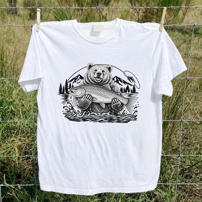 Bear Holding Trout in Mountain Lake Fishing Graphic T-Shirt