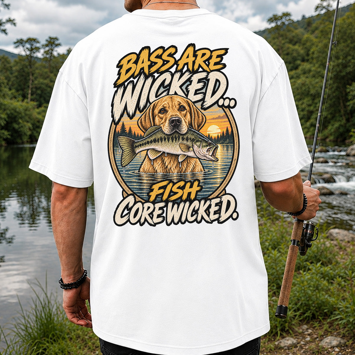 Bass Are Wicked Fish Core Wicked Dog Holding Bass Fishing T-Shirt | Back Print