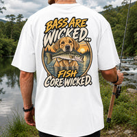 Bass Are Wicked Fish Core Wicked Dog Holding Bass Fishing T-Shirt | Back Print