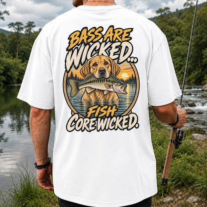 Bass Are Wicked Fish Core Wicked Dog Holding Bass Fishing T-Shirt | Back Print