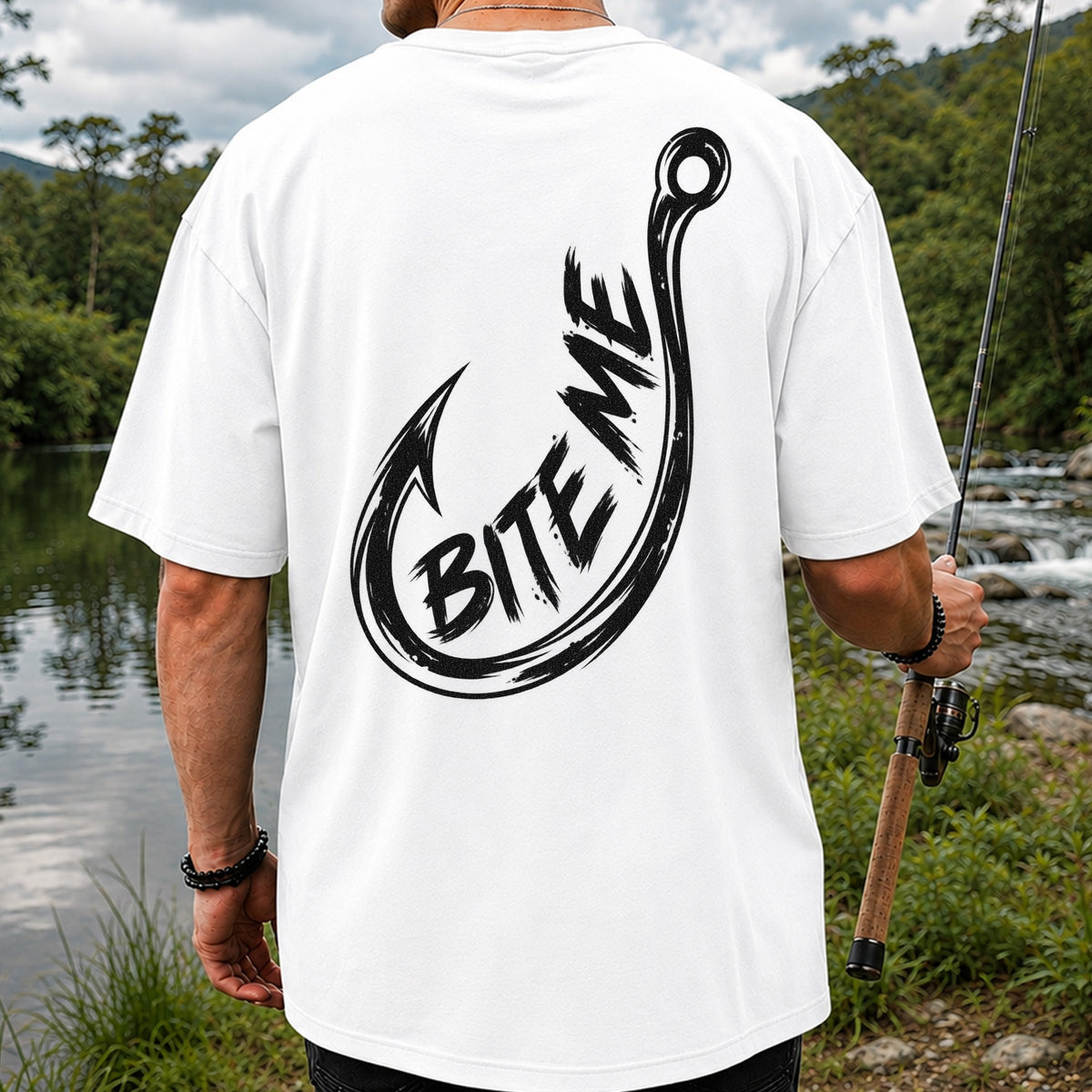 Bite Me Fishing Hook Funny Angler Graphic T-Shirt | Back Print