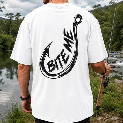 Bite Me Fishing Hook Funny Angler Graphic T-Shirt | Back Print