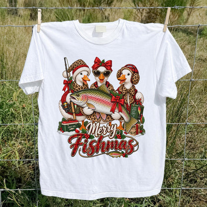 Merry Fishmas Christmas Ducks with Rainbow Trout Fishing T-Shirt