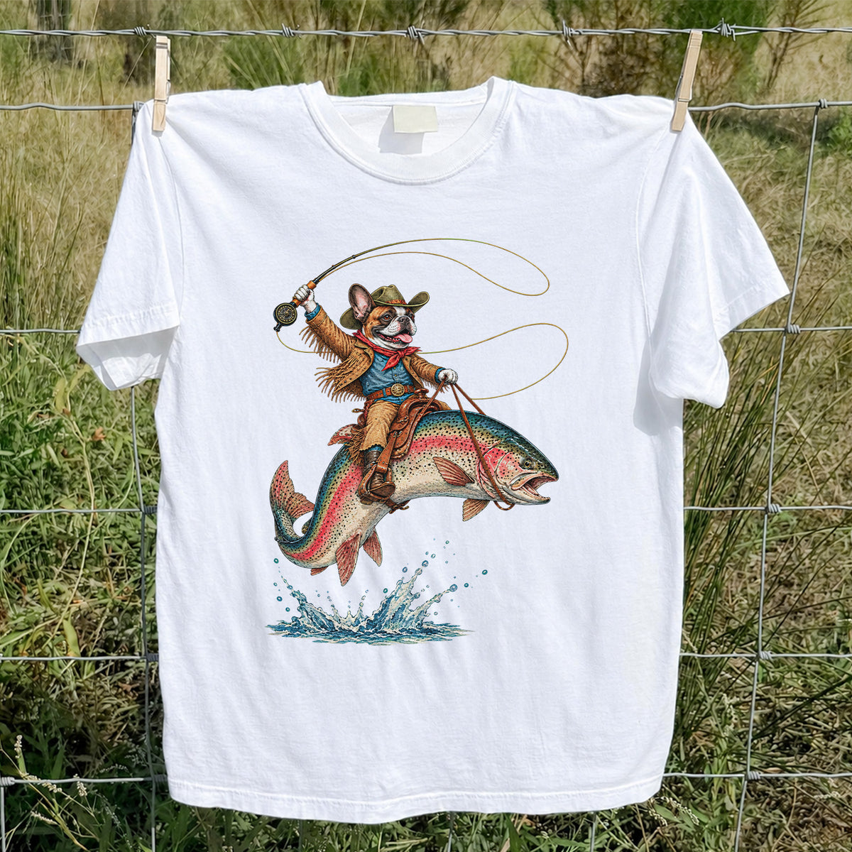 Cowboy French Bulldog Riding a Rainbow Trout Fishing T-Shirt