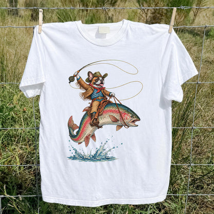 Cowboy French Bulldog Riding a Rainbow Trout Fishing T-Shirt