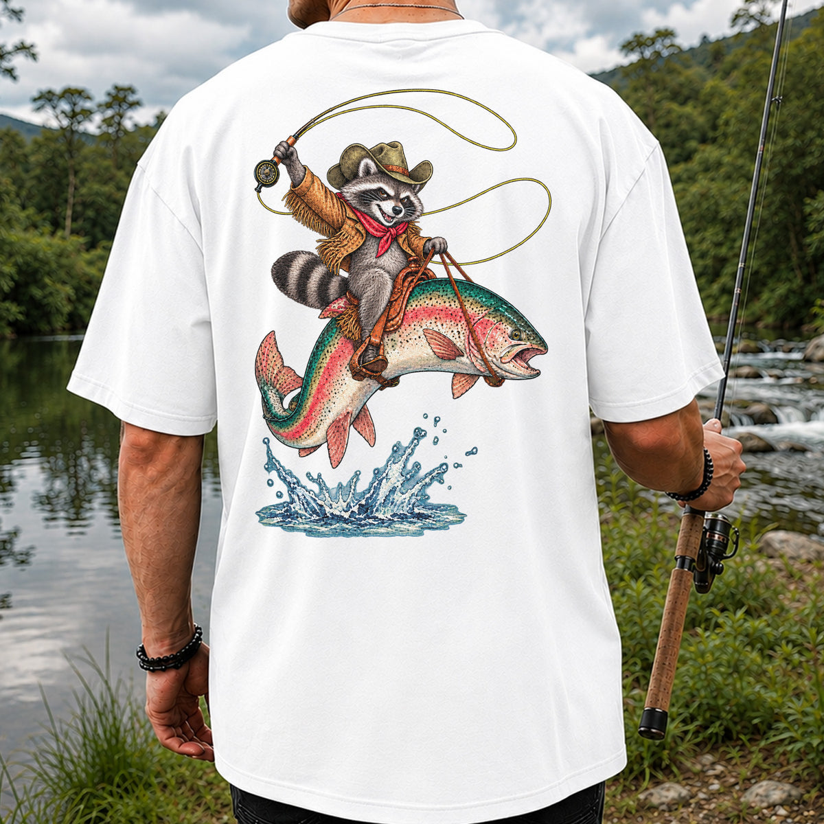 Cowboy Raccoon Riding a Rainbow Trout Fishing Graphic T-Shirt | Back Print