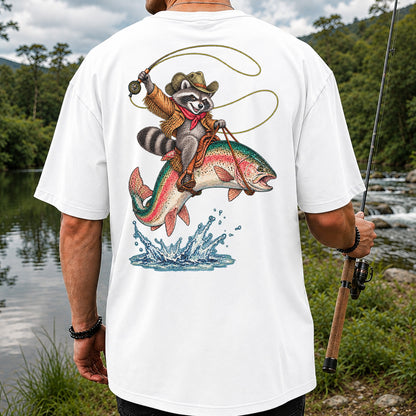 Cowboy Raccoon Riding a Rainbow Trout Fishing Graphic T-Shirt | Back Print