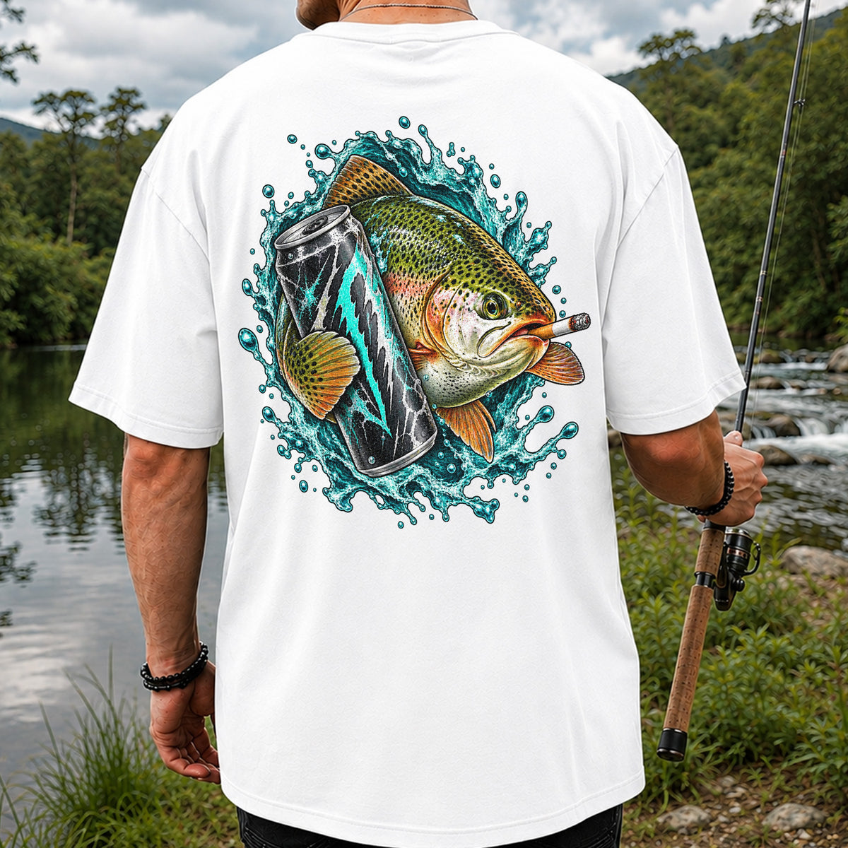 Rainbow Trout with Cigarette and Energy Drink Fishing T-Shirt | Back Print