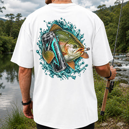 Rainbow Trout with Cigarette and Energy Drink Fishing T-Shirt | Back Print
