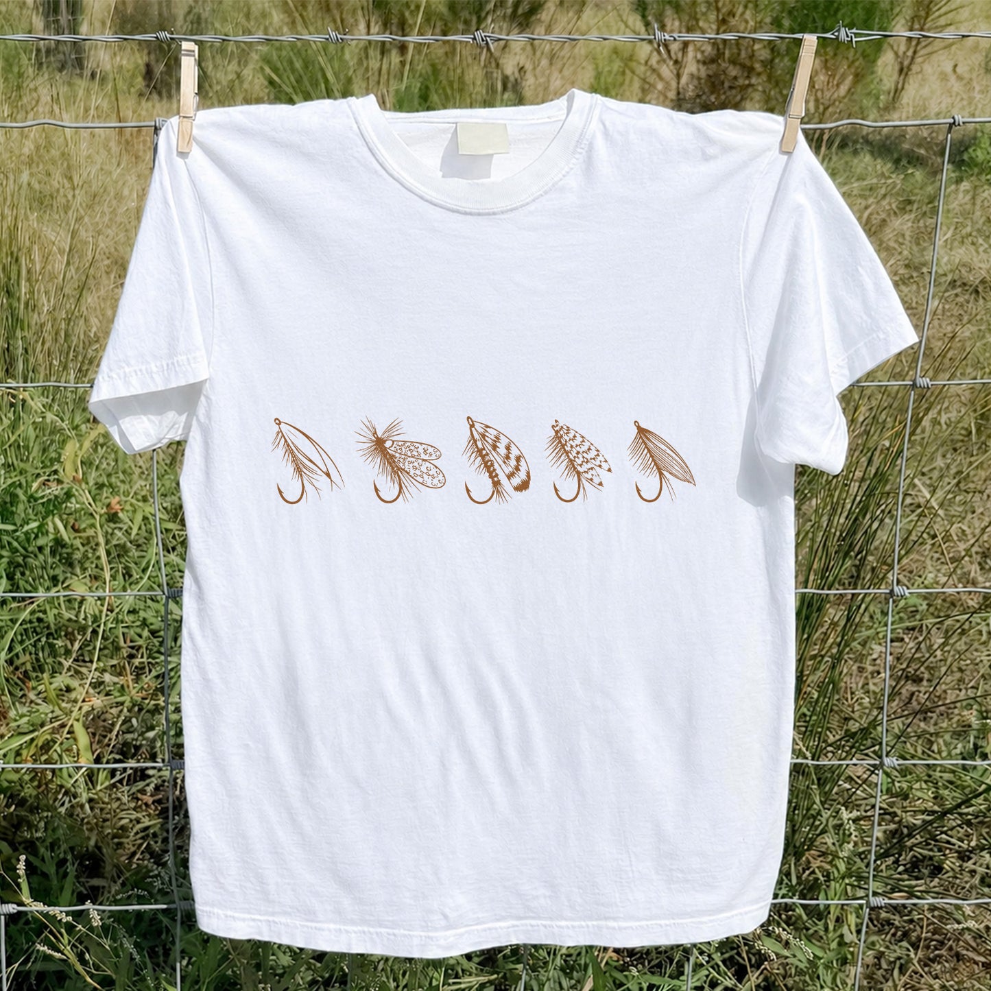 Five Fly Fishing Lures Minimalist Line Art T-Shirt