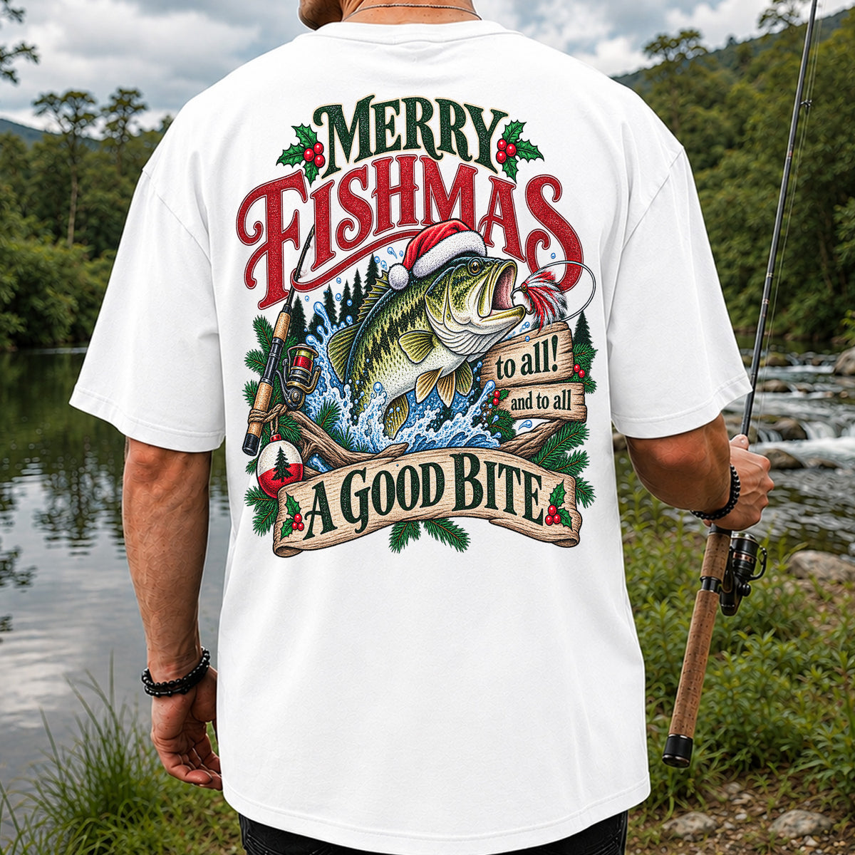 Merry Fishmas to All and to All a Good Bite Bass Fishing T-Shirt | Back Print