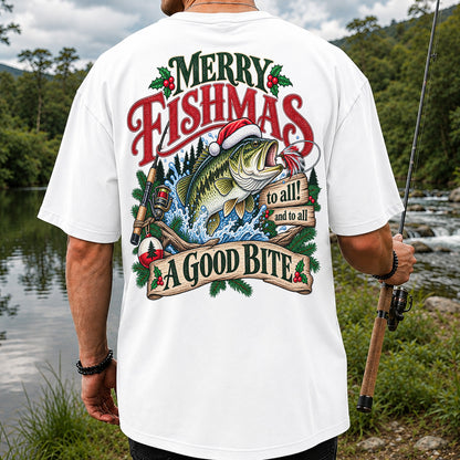 Merry Fishmas to All and to All a Good Bite Bass Fishing T-Shirt | Back Print