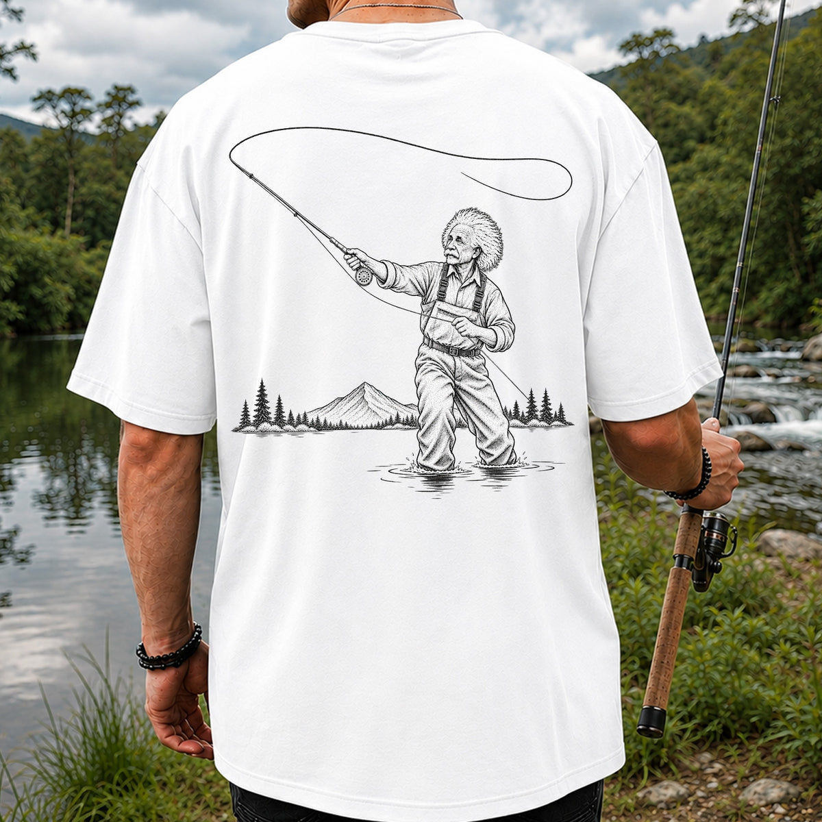 Vintage Fly Fisherman Mountain Lake Fishing Graphic T-Shirt | Back Print