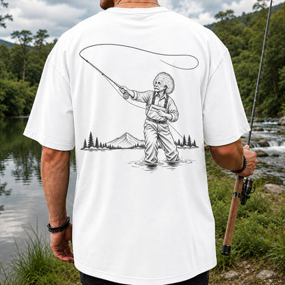 Vintage Fly Fisherman Mountain Lake Fishing Graphic T-Shirt | Back Print