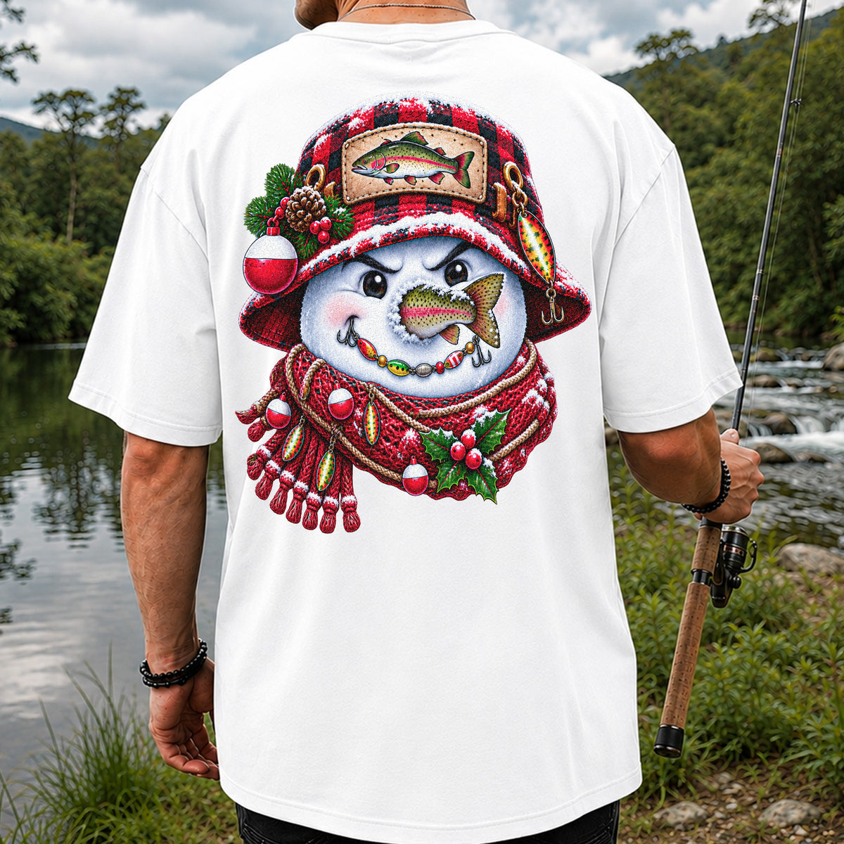Christmas Snowman Trout Fishing Graphic T-Shirt | Back Print