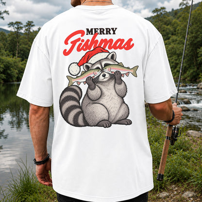 Santa Raccoon Holding Fish Christmas Fishing Graphic T-Shirt | Back Print