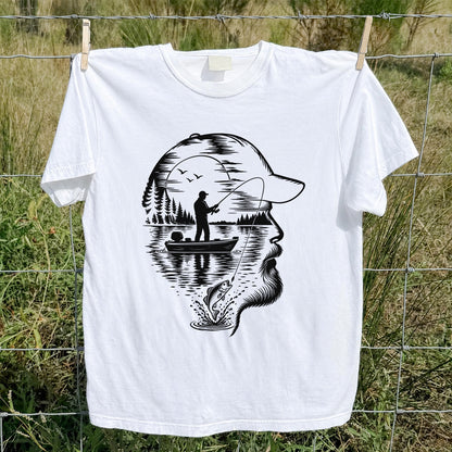 Bearded Angler Silhouette with Lake Fishing Scene Graphic T-Shirt