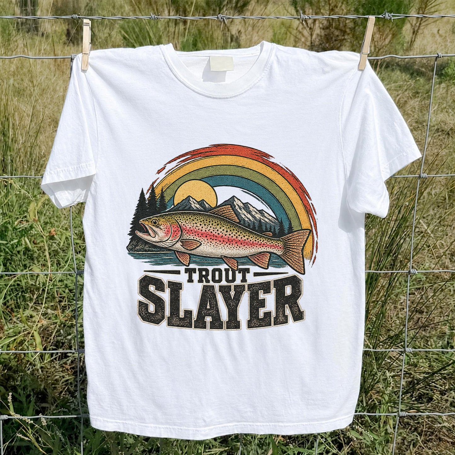 Trout Slayer Rainbow Trout Mountain Fishing Graphic T-Shirt