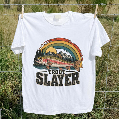 Trout Slayer Rainbow Trout Mountain Fishing Graphic T-Shirt