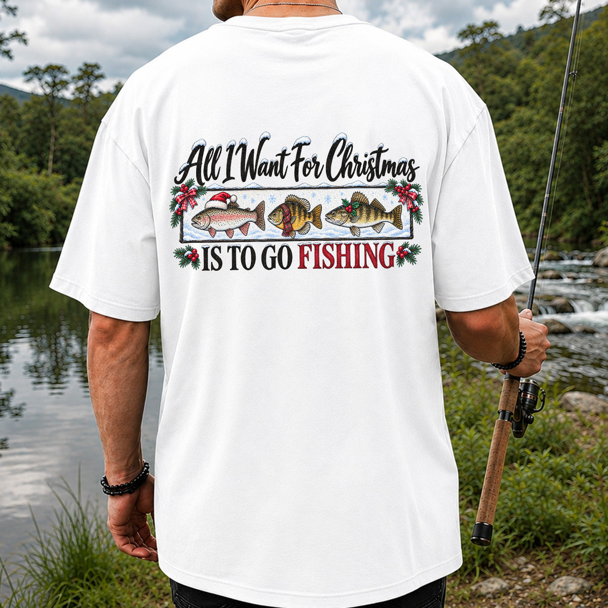 Christmas Freshwater Fish Fishing Graphic T-Shirt | Back Print