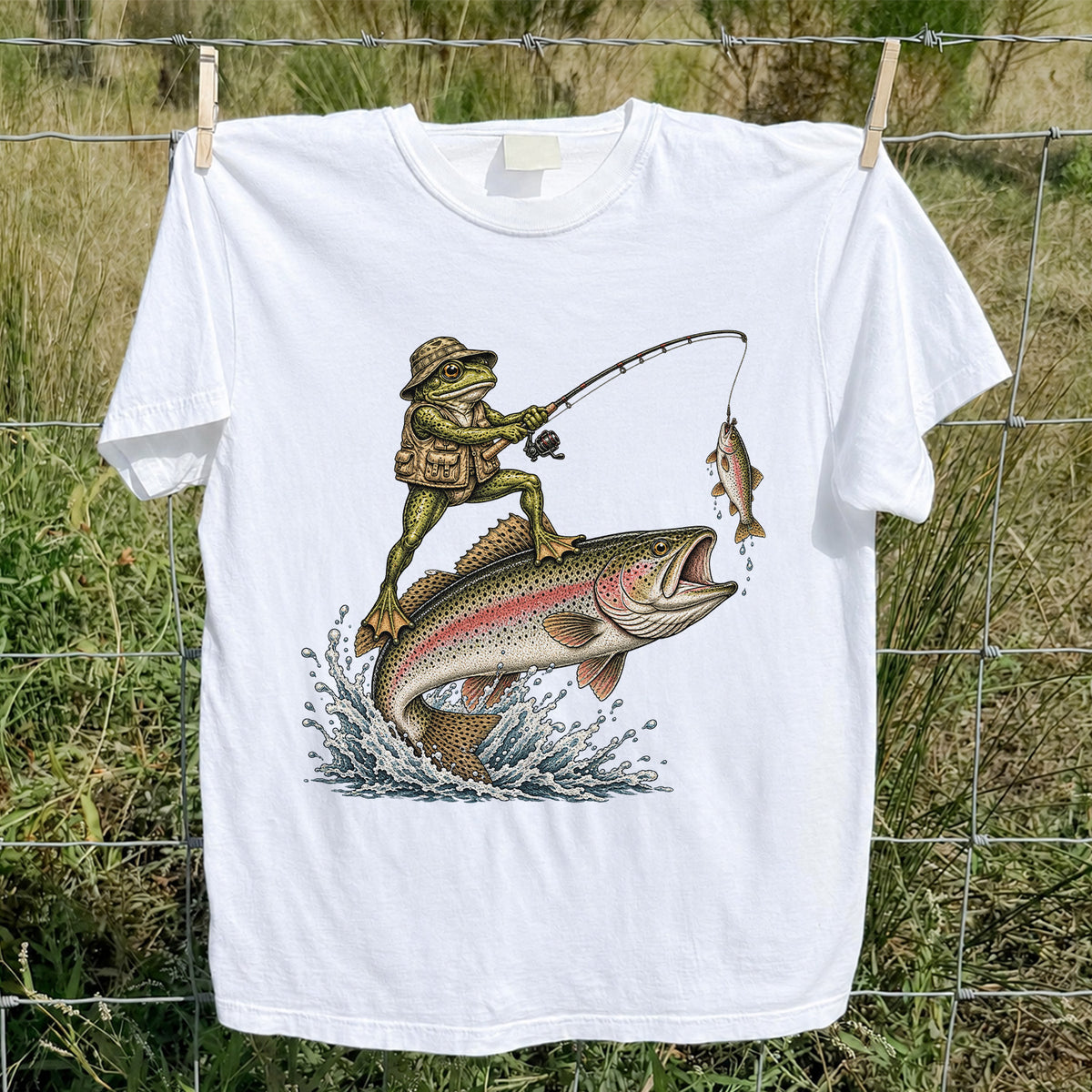 Frog Angler Riding a Rainbow Trout Fishing Graphic T-Shirt