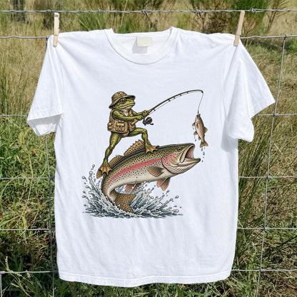 Frog Angler Riding a Rainbow Trout Fishing Graphic T-Shirt