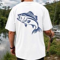 Blue Bass Fishing Line Art Graphic T-Shirt | Back Print