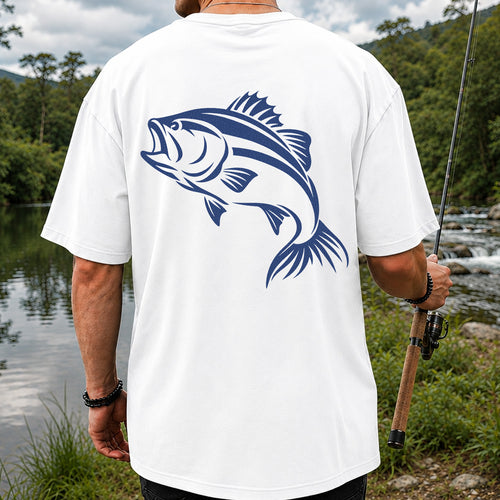 Blue Bass Fishing Line Art Graphic T-Shirt | Back Print
