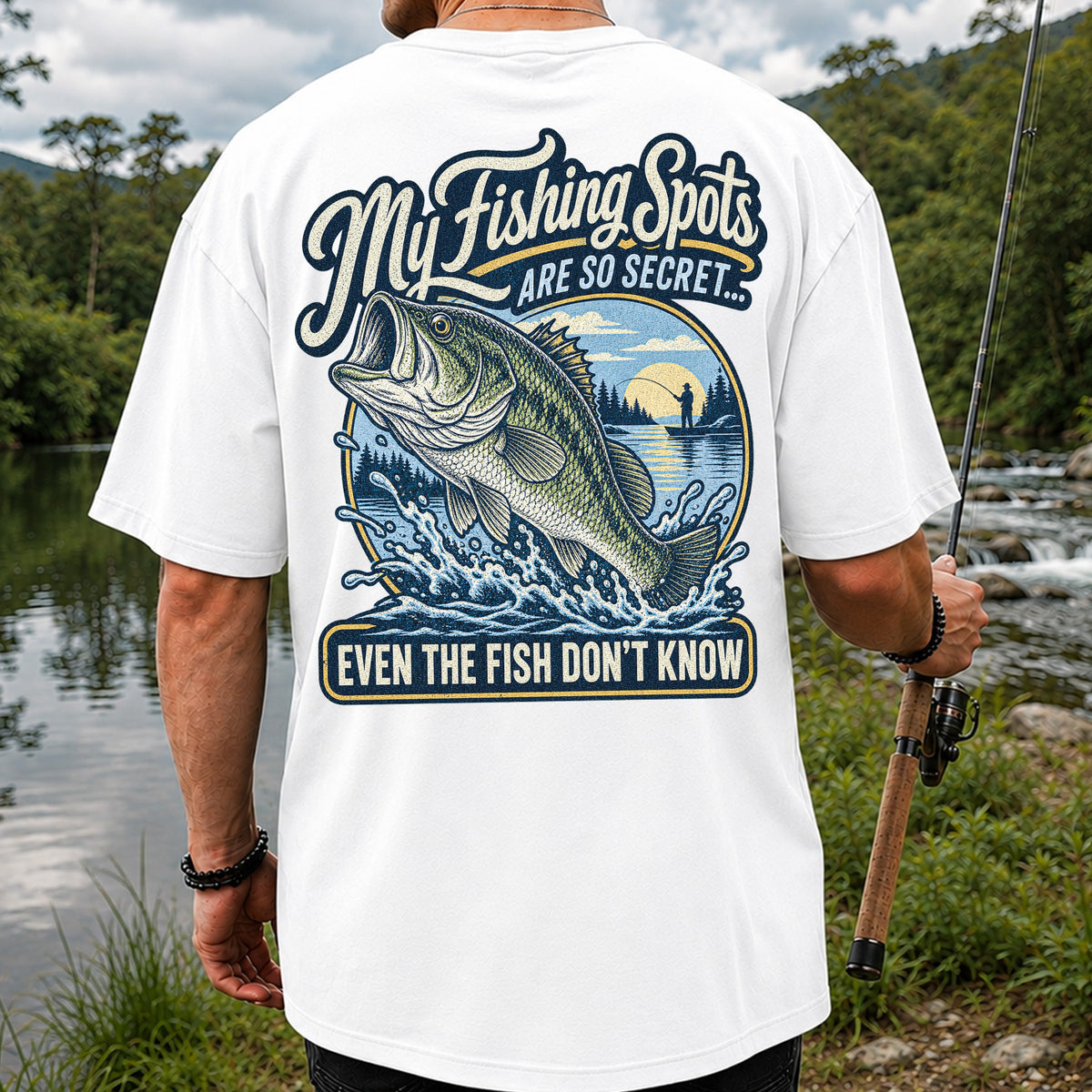 Secret Fishing Spots Largemouth Bass Graphic T-Shirt | Back Print