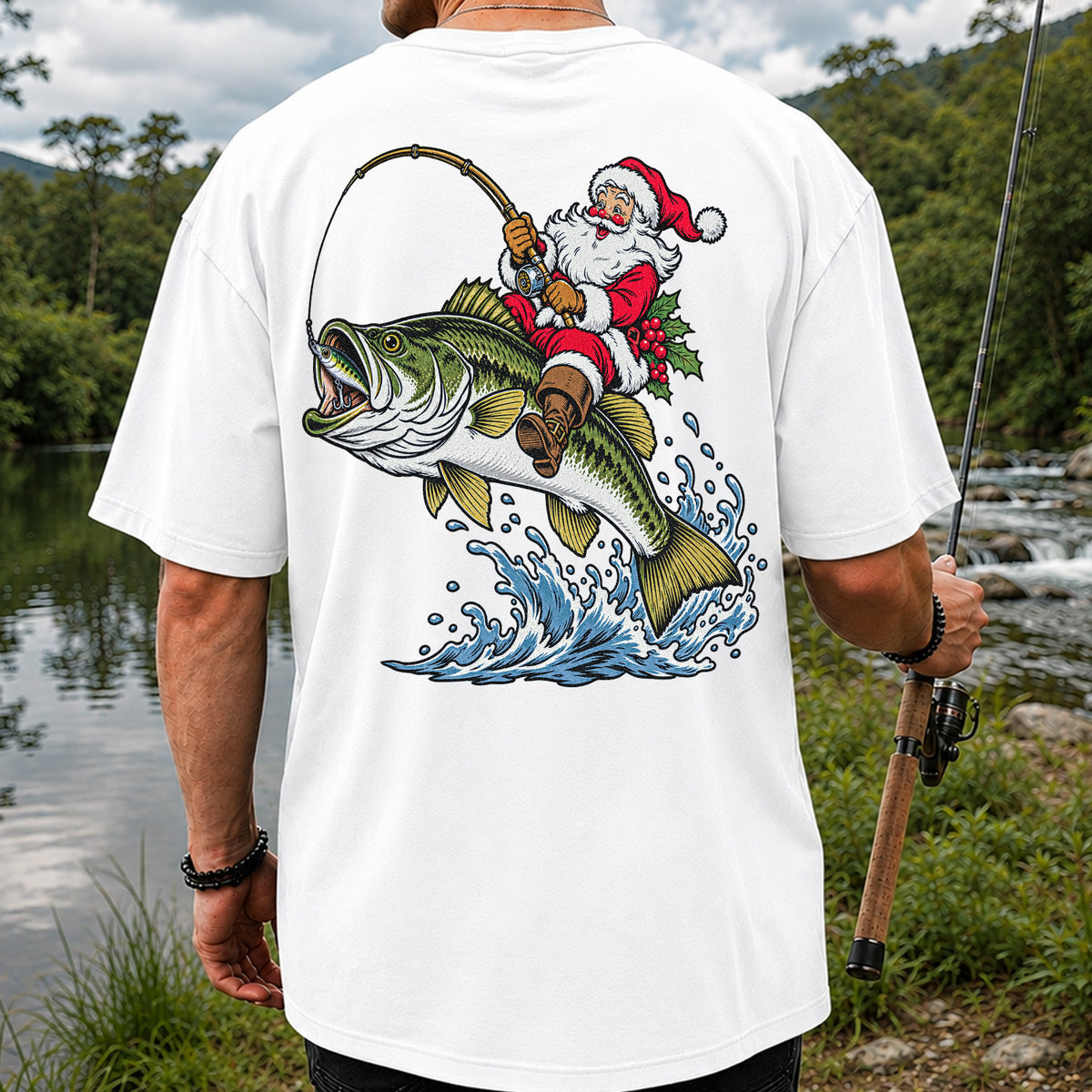 Santa Claus Riding a Bass Christmas Fishing Graphic T-Shirt | Back Print