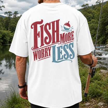 Fish More Worry Less Vintage Bobber Fishing Graphic T-Shirt | Back Print