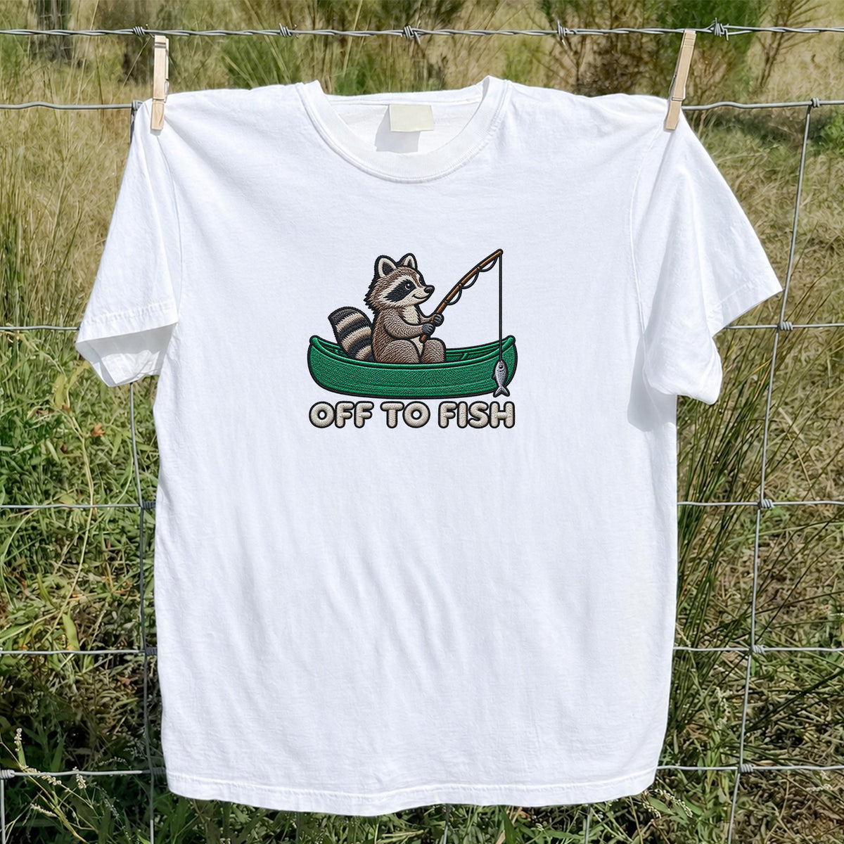 Off to Fish Raccoon in a Canoe Funny Fishing Graphic T-Shirt