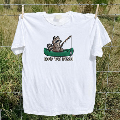 Off to Fish Raccoon in a Canoe Funny Fishing Graphic T-Shirt