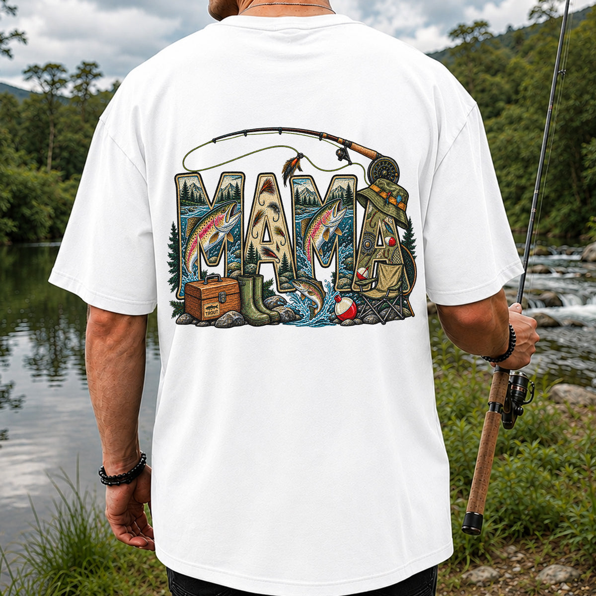 Mama Rainbow Trout Fly Fishing Vintage Graphic T-Shirt | Back Print