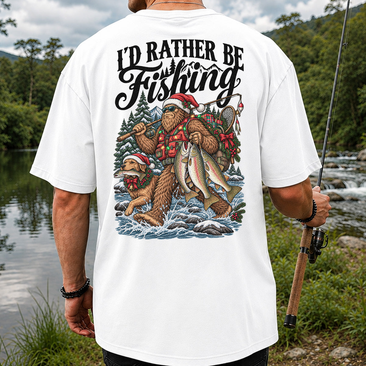 I'd Rather Be Fishing Bigfoot and Dog Christmas Fishing T-Shirt | Back Print