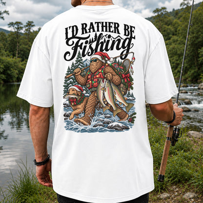 I'd Rather Be Fishing Bigfoot and Dog Christmas Fishing T-Shirt | Back Print