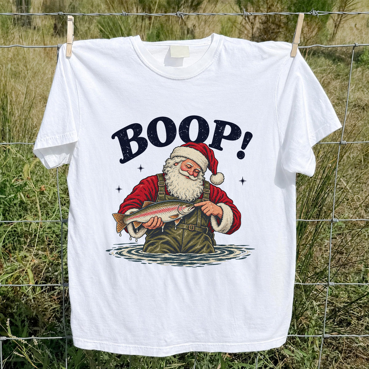 Boop Santa Holding Trout Funny Christmas Fishing T-Shirt