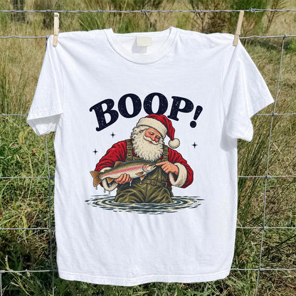 Boop Santa Holding Trout Funny Christmas Fishing T-Shirt