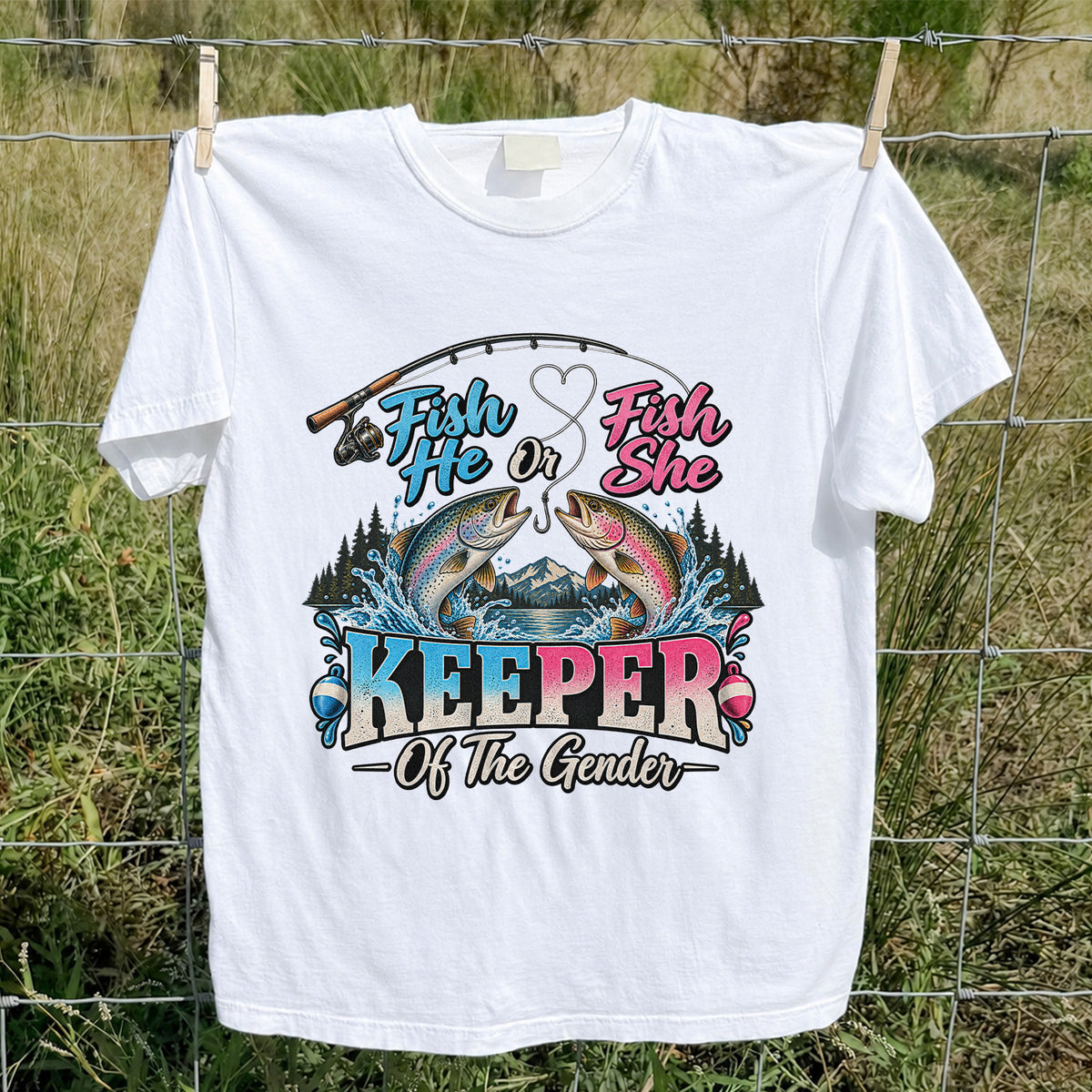 Fish He or Fish She Keeper of the Gender Rainbow Trout Fishing Gender Reveal T-Shirt