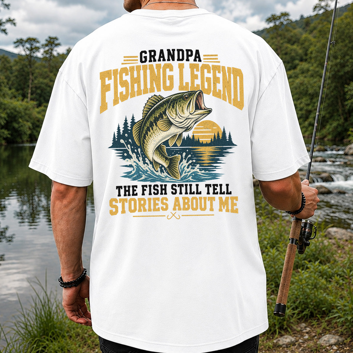 Grandpa Fishing Legend Jumping Bass Vintage Fishing T-Shirt | Back Print