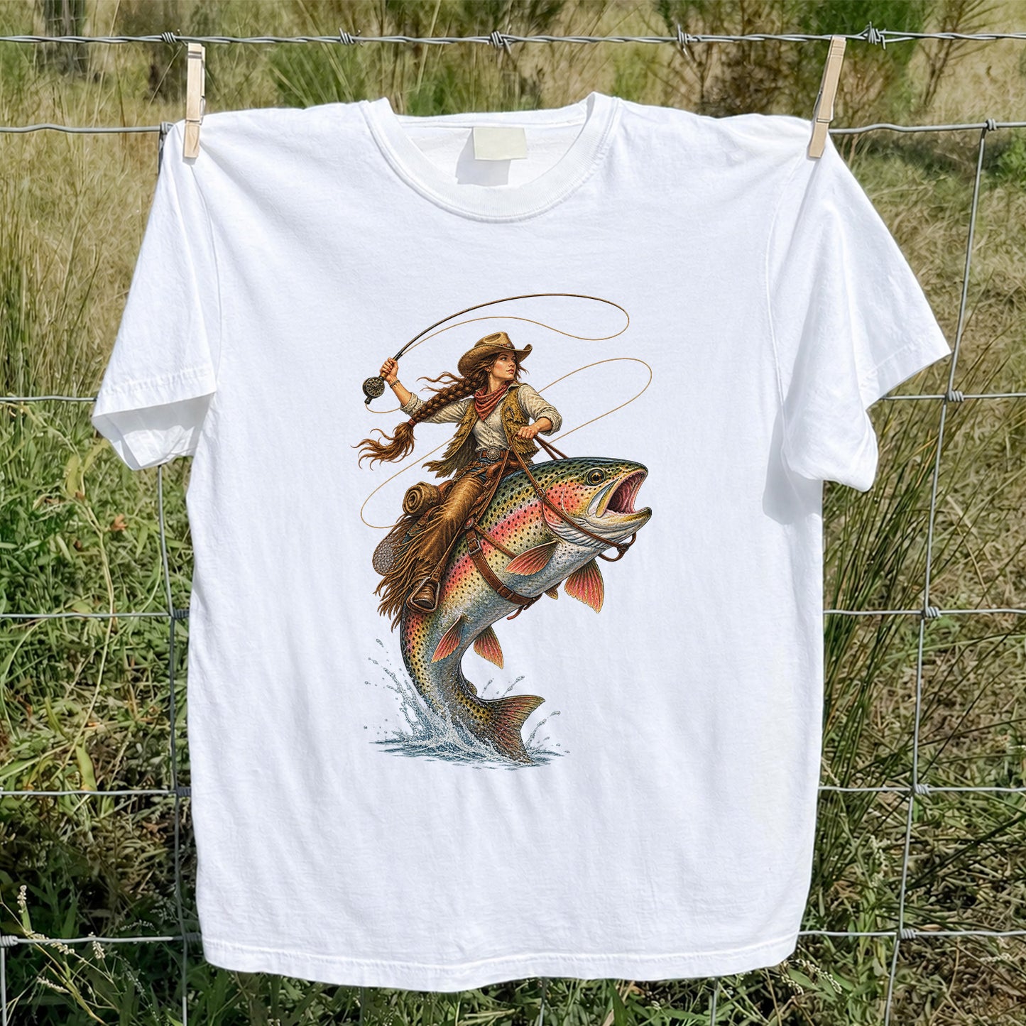 Western Cowgirl Riding a Rainbow Trout Fly Fishing Graphic T-Shirt