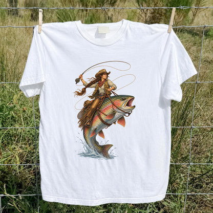 Western Cowgirl Riding a Rainbow Trout Fly Fishing Graphic T-Shirt