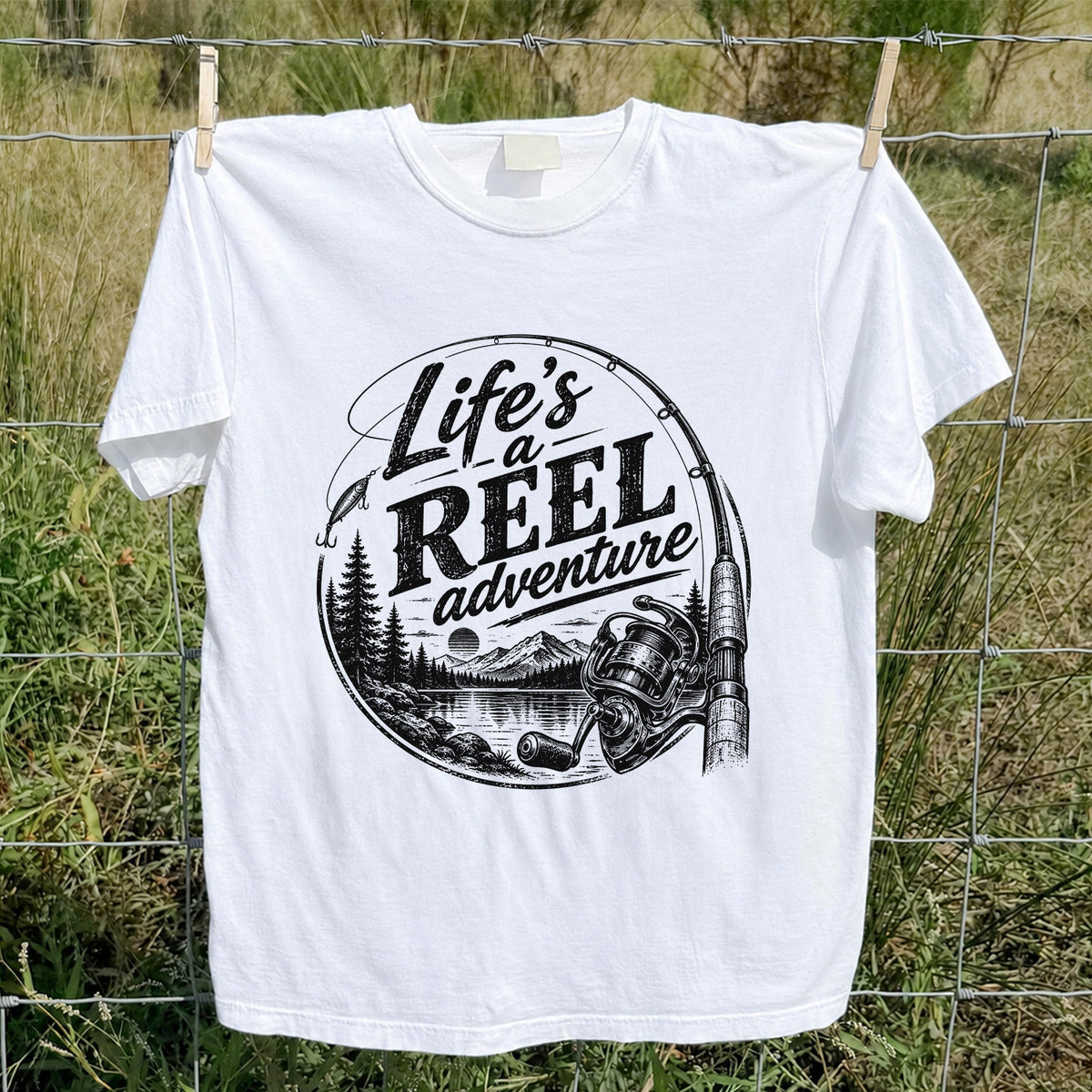 Life's a Reel Adventure Fishing Rod and Mountain Lake T-Shirt
