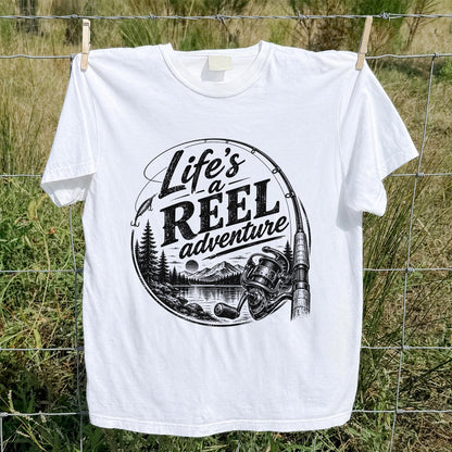 Life's a Reel Adventure Fishing Rod and Mountain Lake T-Shirt